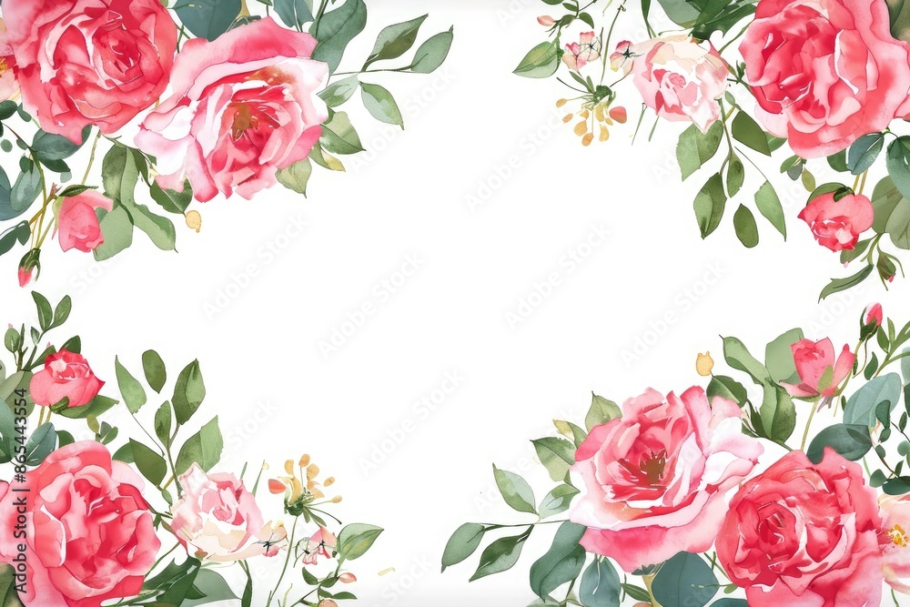 Beautiful floral border with pink and red roses, elegant leaves, and white background for invitations and cards. Beautiful floral border with pink and red roses, elegant leaves, and white background for invitations and cards.
