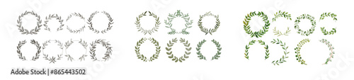 The natural decorative design elements make up this bundle of victory or triumph symbols. The wreath has laurel leaves, olive branches, and round floral ornament frames.