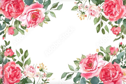 Beautiful floral border with pink and red roses, elegant leaves, and white background for invitations and cards.