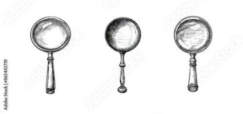 An engraved magnifying glass on a white background. Vintage police equipment and a hand drawn loupe. Optical instrument or tool with a lens isolated on a white background.