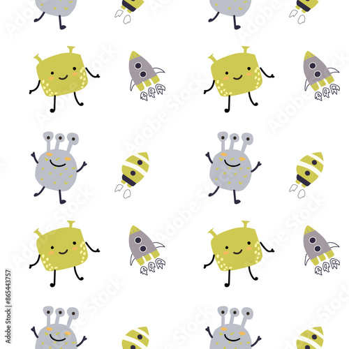 Childrens cute pattern with monsters or aliens in space. Galaxy elements and rockets, planets background. Cute characters and cosmic objects for print. Childrens adventure pattern in naive doodle styl