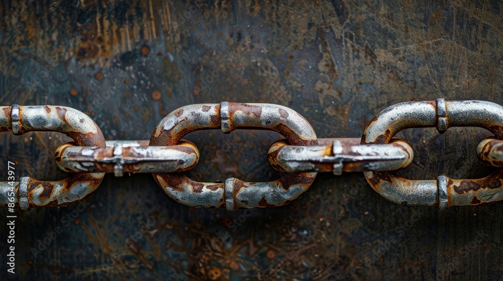 Close-up view of metal chain with links represents strength On a dark brown-black background Close-up view of metal chain with links represents strength On a dark brown-black background