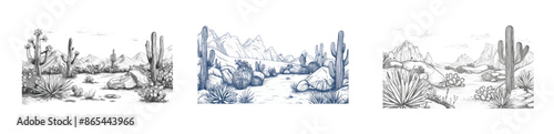 Landscape with flowering cacti, prickly succulents, nature wild west sketch. Wildlife scene with rock and mountains.
