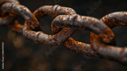 Close-up view of metal chain with links represents strength On a dark brown-black background © Imron