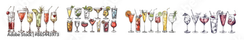 The pina colada, Americano, cherry cocktail, margarita and sangria for a modern menu set. Illustration of alcoholic drinks and margaritas for a modern menu. Cocktail illustration such as the