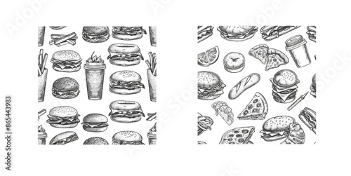 Hand drawn pizza, hamburgers and fries, hot dogs and soup for fast food menu wallpaper modern texture. Sketch junk food and soda drink for menu design.