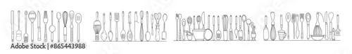 The concept of kitchen tools is illustrated with continuous line drawings. Cooking utensils and knives are black and white outline sketches, with a ladle, rolling pin, and whisk outlined in black and