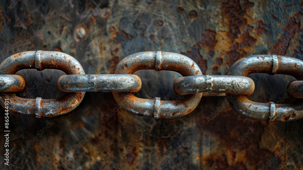 Close-up view of metal chain with links represents strength On a dark brown-black background Close-up view of metal chain with links represents strength On a dark brown-black background