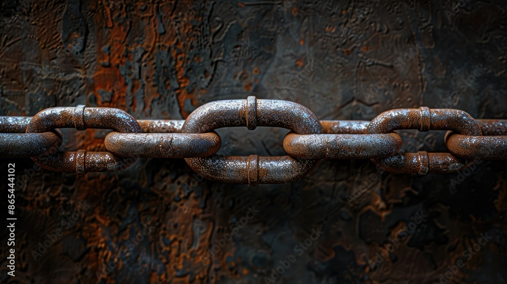 Close-up view of metal chain with links represents strength On a dark brown-black background Close-up view of metal chain with links represents strength On a dark brown-black background