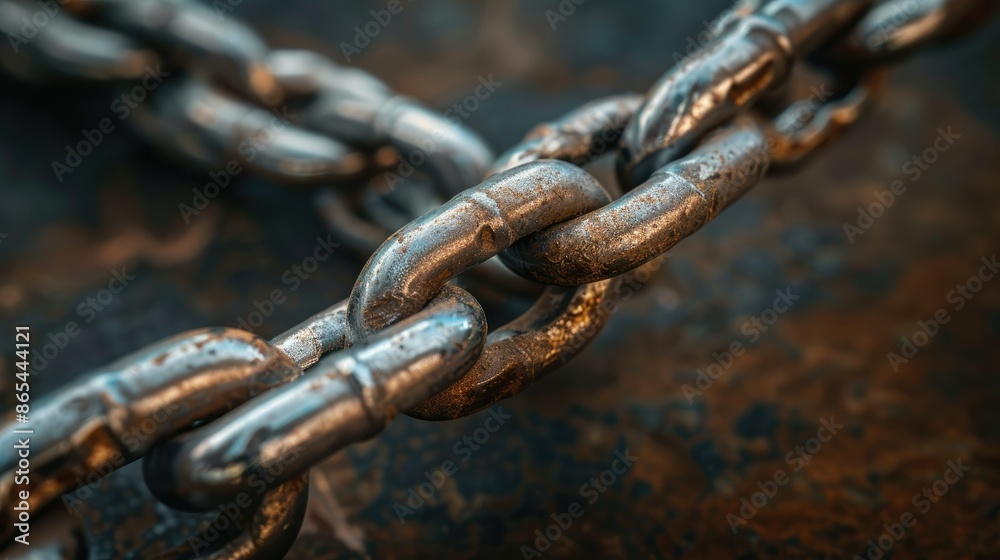Close-up view of metal chain with links represents strength On a dark brown-black background Close-up view of metal chain with links represents strength On a dark brown-black background