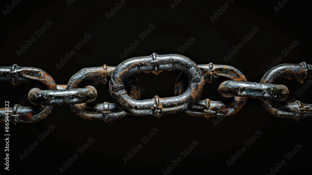 Close-up view of metal chain with links represents strength On a dark brown-black background Close-up view of metal chain with links represents strength On a dark brown-black background