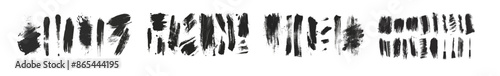Modern set of grunge brushes and ink wash textures. Sketch strokes of paintbrush, black splash distress texture, and paint daubs. Rough ink stain and calligraphy elements.