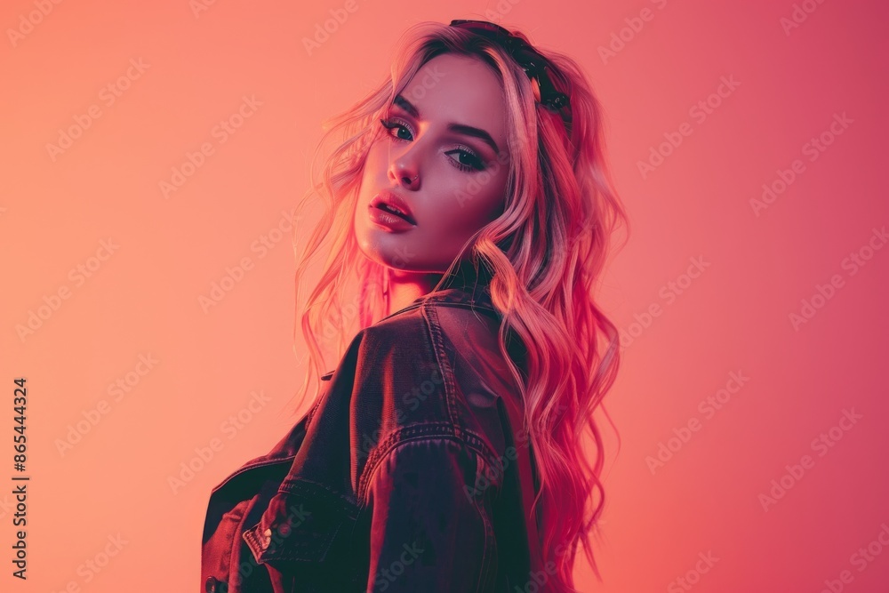 Young Woman Posing in a Studio With Pink Lighting Young Woman Posing in a Studio With Pink Lighting