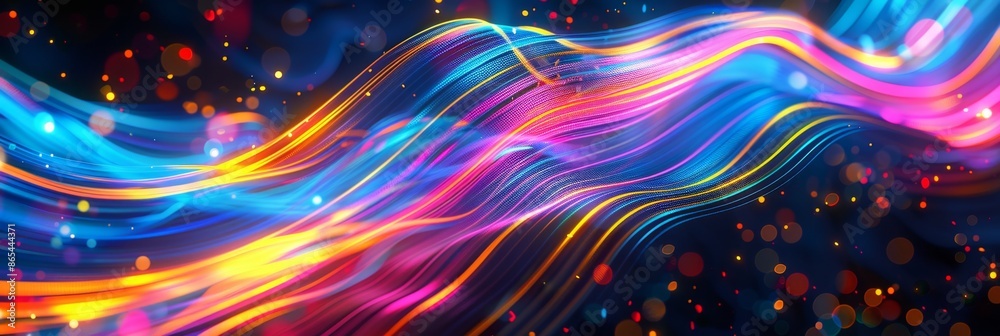 Network, a vibrant abstract background with swirling neon lights and 5G nodes, representing interconnected high-speed systems Network, a vibrant abstract background with swirling neon lights and 5G nodes, representing interconnected high-speed systems