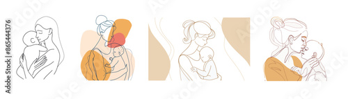 An illustration of a mother and baby holding hands of a happy woman and her toddler. Motherhood and newborn concept. A woman holding a toddler in a continuous one-line illustration. The mother loves