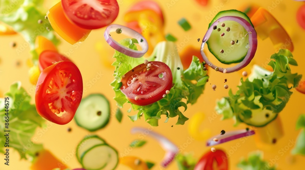 Vibrant vegetable salad components floating gently against a sunny yellow background, capturing the essence of healthy eating Vibrant vegetable salad components floating gently against a sunny yellow background, capturing the essence of healthy eating