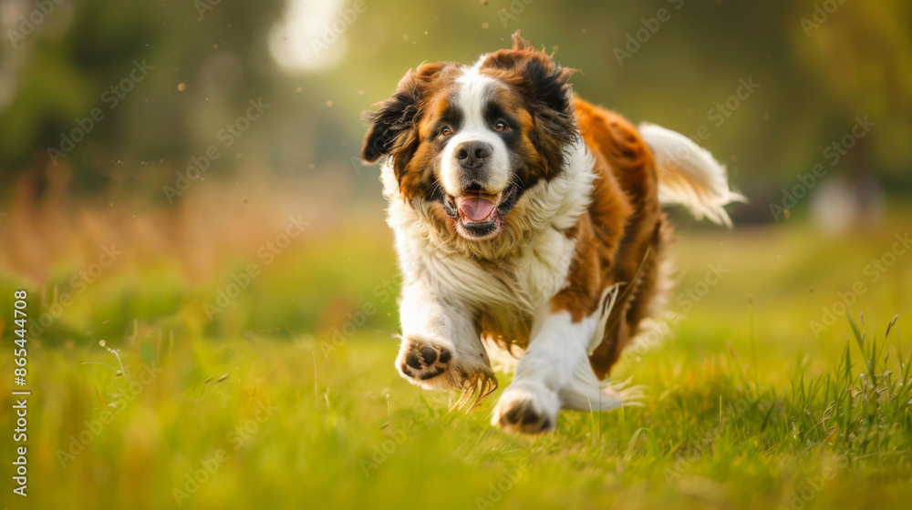 old St. Bernard dog is running training a field of grass old St. Bernard dog is running training a field of grass