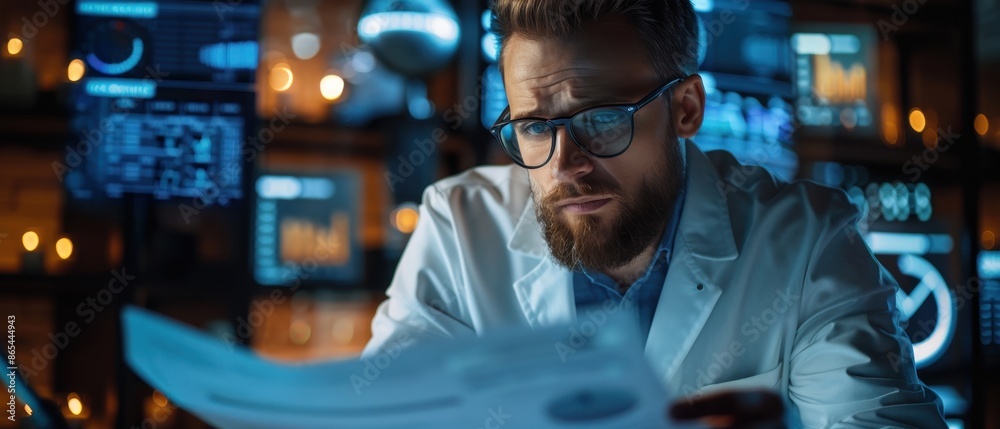 A man in a lab coat is looking at a piece of paper A man in a lab coat is looking at a piece of paper