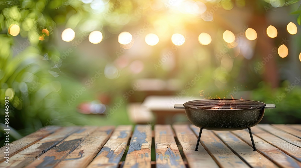 summer time party in backyard garden with grill BBQ wooden table summer time party in backyard garden with grill BBQ wooden table