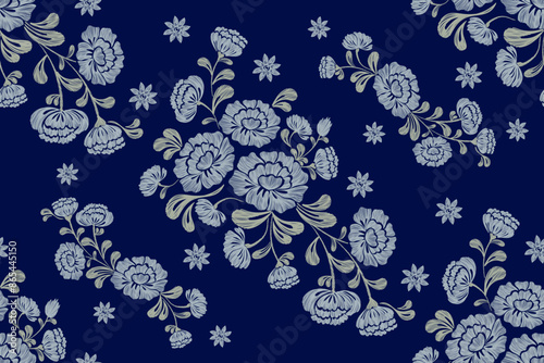 Ethnic Rose Floral pattern seamless paisley embroidery Ikat textured border flower motifs. Vintage Ikat pattern Europe design. Bohemian indigo colour vector illustration design hand drawn.