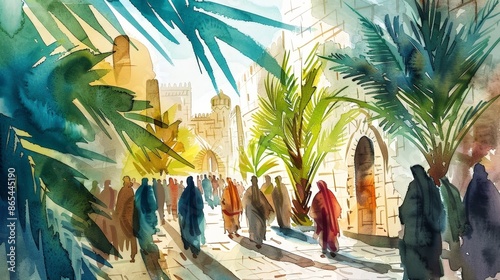 Triumphant Entry into Jerusalem: A Watercolor Illustration Depicting Palm Sunday from the New Testament
