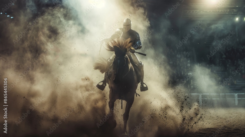 Fototapeta premium Knight Charging on Horseback Through Dust and Light - Generative AI