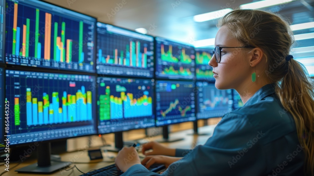 Woman analyzing stock market data on multiple monitors in an office environment, focusing on market trends and financial charts. Woman analyzing stock market data on multiple monitors in an office environment, focusing on market trends and financial charts.