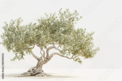 An olive tree with its gnarled trunk and silverygreen leaves, set against a clean white backdrop photo