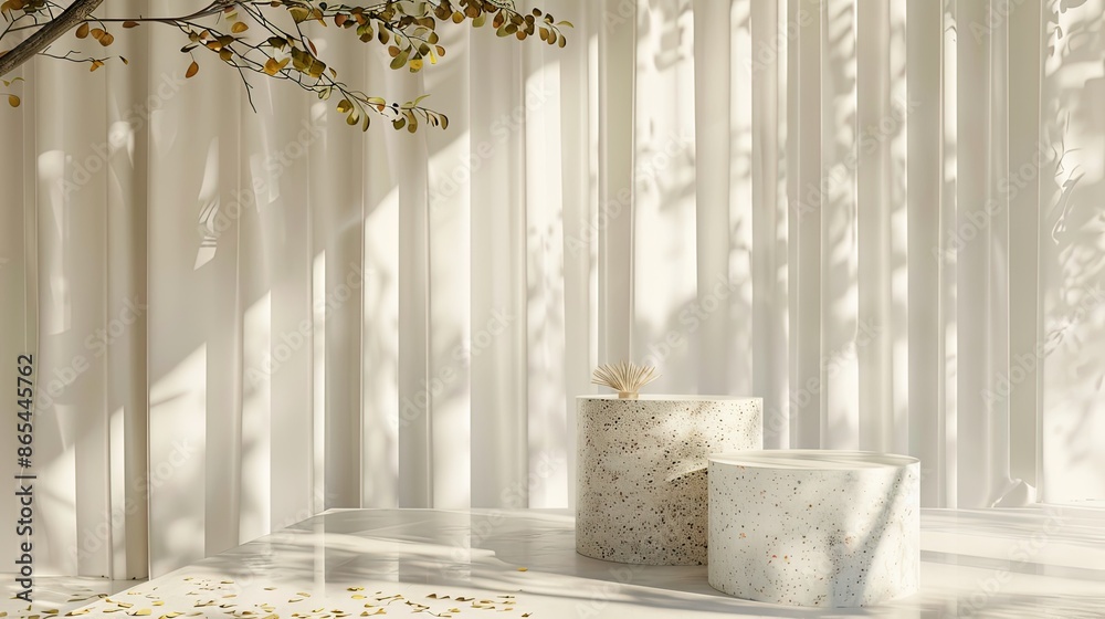 Translucent white curtains and terrazzo podium tables Under the morning sunlight that shines Shadow of leaves on the white wall Showing luxurious beauty Translucent white curtains and terrazzo podium tables Under the morning sunlight that shines Shadow of leaves on the white wall Showing luxurious beauty