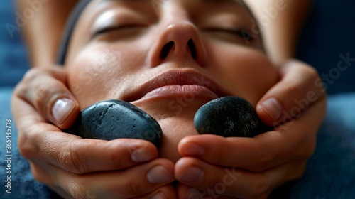 A close-up shot of a woman receiving a hot stone massage facial treatment. The therapist is using smooth, black stones on the womans face.