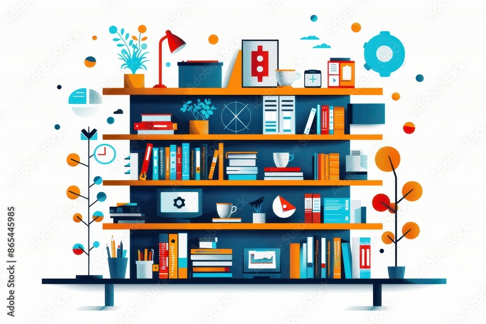 A Colorful Illustration of a Bookshelf with Various Items A Colorful Illustration of a Bookshelf with Various Items