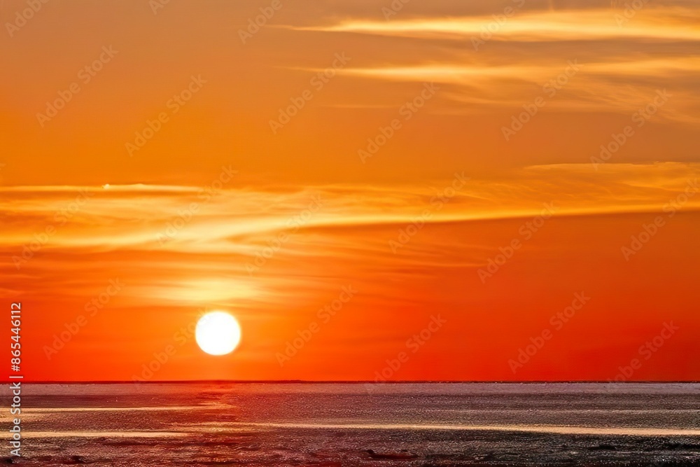 Vibrant orange sunset over calm ocean horizon Vibrant orange sunset over calm ocean horizon