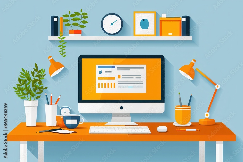 Modern Workplace with Computer and Desk Accessories Modern Workplace with Computer and Desk Accessories