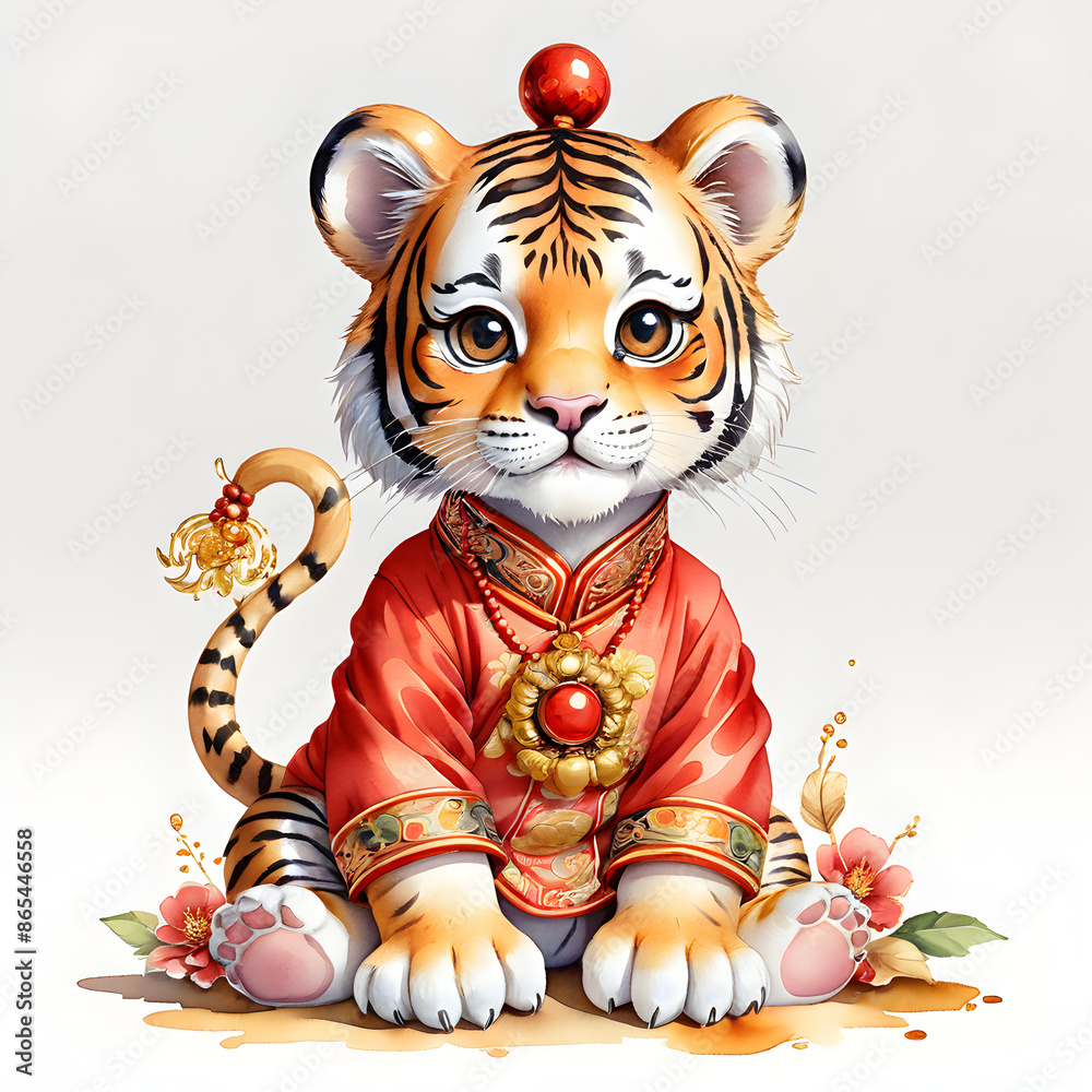 Watercolor clip art a cute baby Chinese clothing Tiger red gold ornaments twelve chinese zodiac on a white isolated background Watercolor clip art a cute baby Chinese clothing Tiger red gold ornaments twelve chinese zodiac on a white isolated background