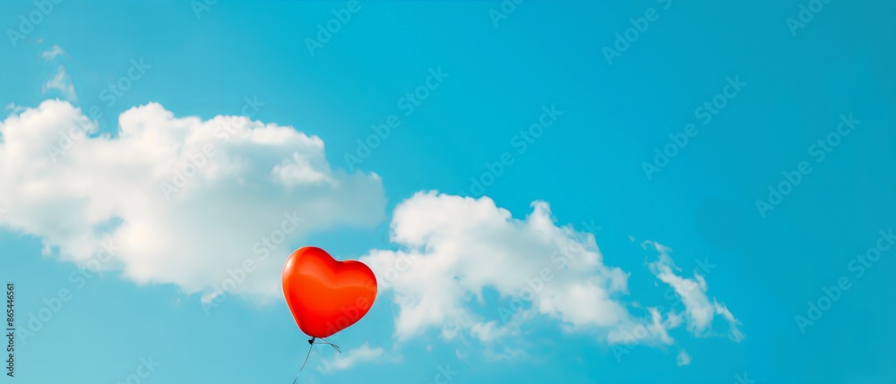 A red heart-shaped balloon flies in the blue sky A red heart-shaped balloon flies in the blue sky