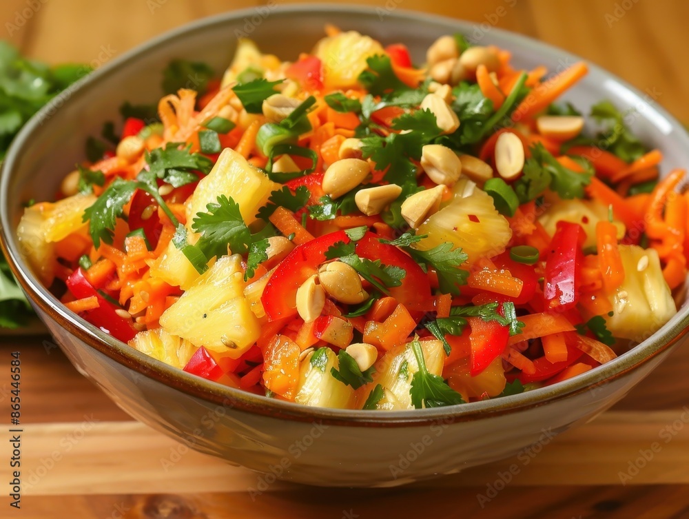 Fresh and vibrant Thai salad topped with crunchy peanuts and garnished with cilantro. Fresh and vibrant Thai salad topped with crunchy peanuts and garnished with cilantro.