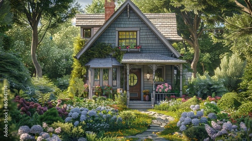 A house with a large front door and a window. The house is surrounded by a garden with many flowers and plants © Media Srock
