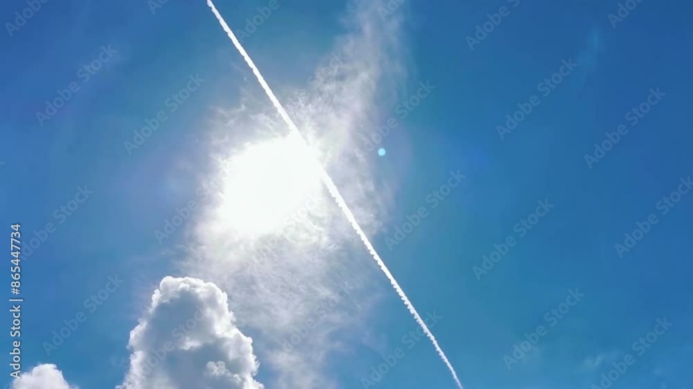 Blue sky with chemical chemtrails cumulus clouds scalar waves sky. Blue sky with chemical chemtrails cumulus clouds scalar waves sky.