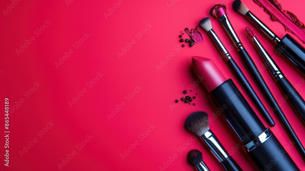 Elegant arrangement of makeup brushes and lipstick on red background Elegant arrangement of makeup brushes and lipstick on red background