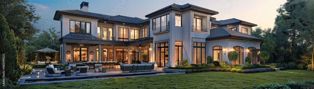 New luxury home exterior with a lush backyard New luxury home exterior with a lush backyard