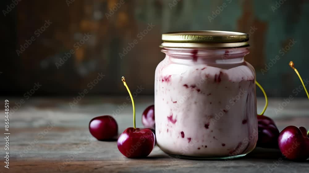 Delicious cherry yogurt with fresh cherries ready to enjoy Delicious cherry yogurt with fresh cherries ready to enjoy