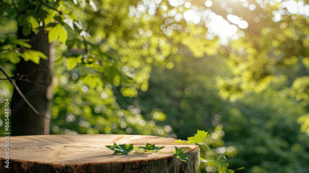 Naklejka premium Sunlit tree stump with leaves in a lush green forest setting.