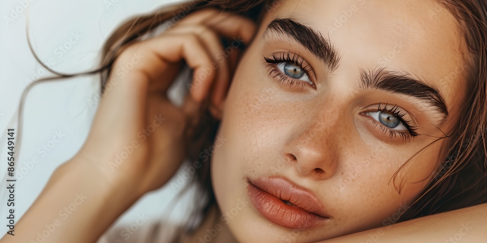 Obraz premium A woman with long brown hair and blue eyes is sitting with her head tilted to the side. She has a slight smile on her face and her eyes are closed