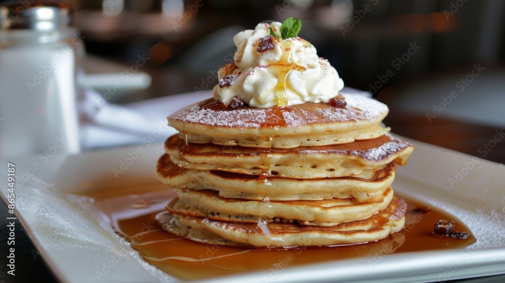 A plate of light and fluffy pancakes served with a dollop of whipped cream and a light drizzle of avocado oil for a unique twist on a classic breakfast.