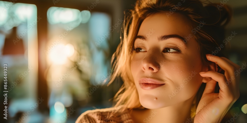 Fototapeta premium A woman with blonde hair and a smile on her face. She is looking at the camera. The lighting is soft and warm, creating a cozy atmosphere