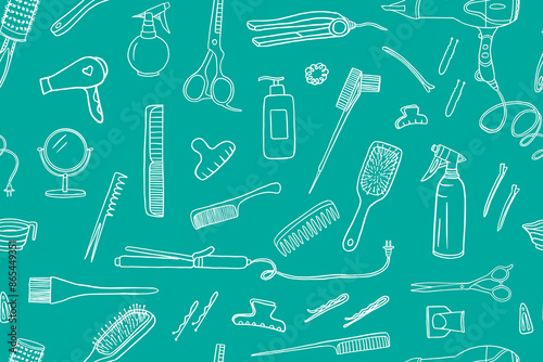 Seamless pattern of hairdresser tools. Hair dryer, comb, hairbrush, hairpin, invisible, mirror, scissors, hairgrip, hair-slide,shampoo, curling iron. Stylist. Beauty salon. Hand drawn. Doodles