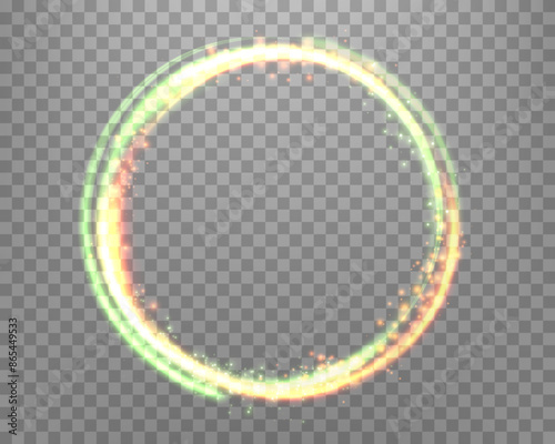 Green and orange magic rings with glowing. Neon realistic energy flare halo ring. Abstract light effect on a transparent background. Vector illustration.