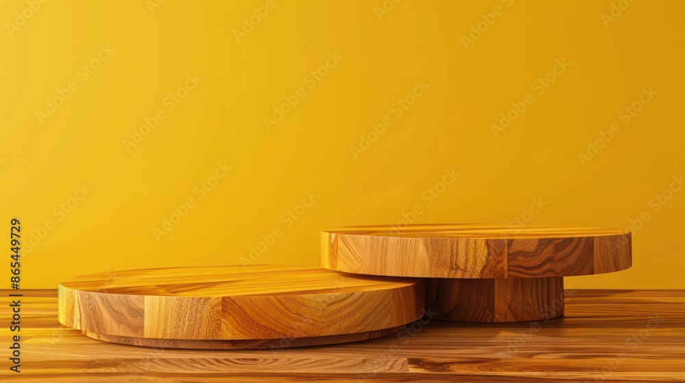 Wooden Platforms Against Bright Yellow Background With Patterns Wooden Platforms Against Bright Yellow Background With Patterns