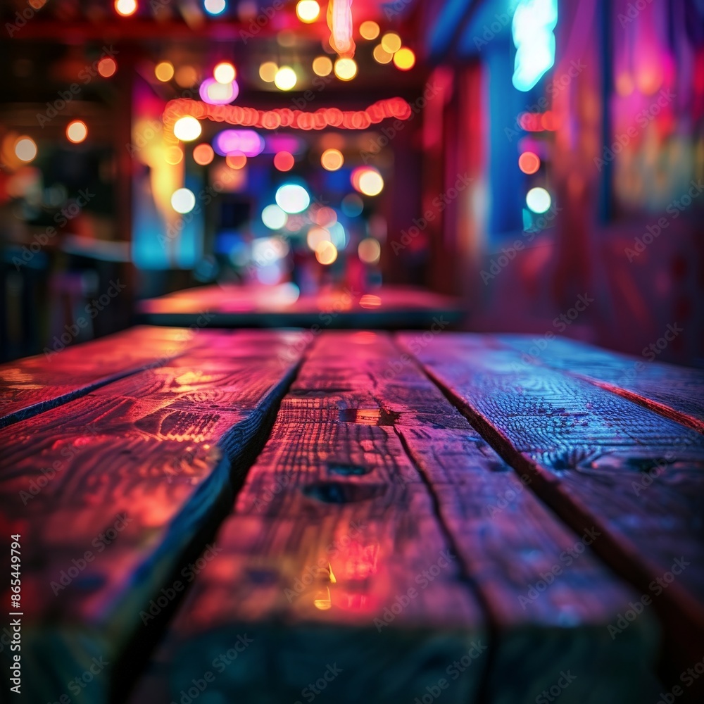 Vibrant Neon Lit Bar Scene with Rustic Table Top Vibrant Neon Lit Bar Scene with Rustic Table Top