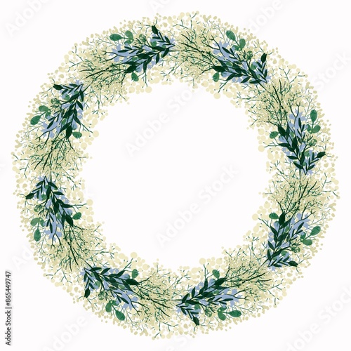 plant circle of baby's breath, ruscus leaf and silverdust leaf flowers for design purposes photo